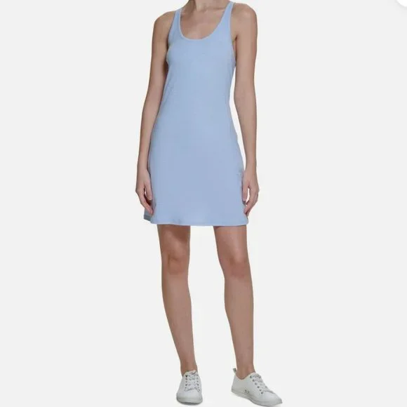 knee length dresses for ladies VERY J Dusty Blue Athletic Mini Dress with Built-In Shorts – Beach Rose Co main image 1